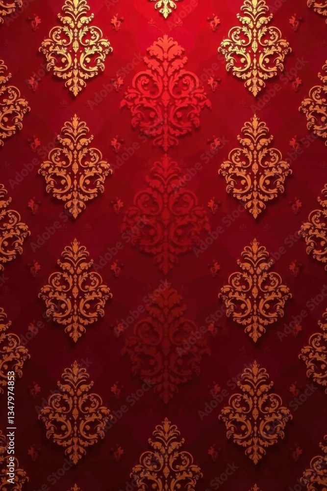 Red damask pattern with gold accents and ornate floral motifs on a luxurious velvet background , luxury fabric, red damask pattern Red damask pattern with gold accents and ornate floral motifs on a luxurious velvet background , luxury fabric, red damask pattern