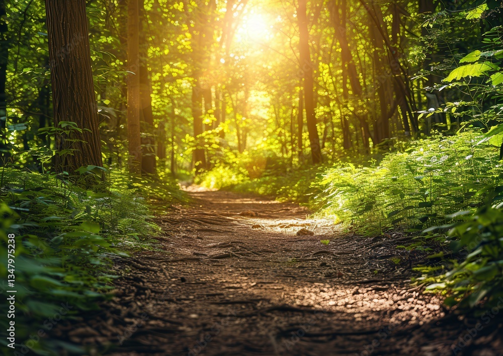 Obraz premium Sunlit forest path with lush greenery and soft shadows.