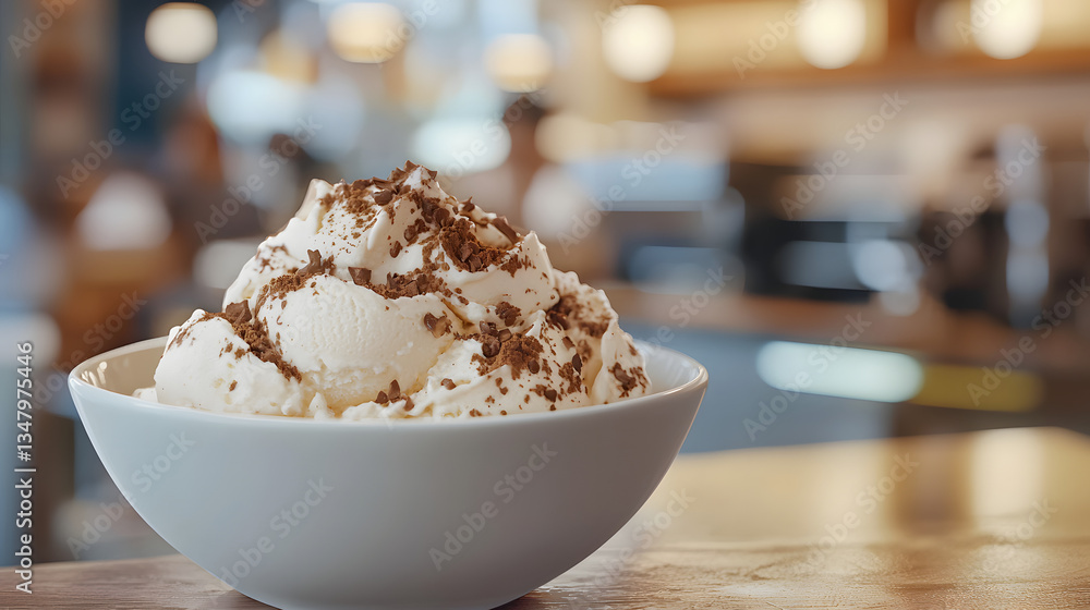 Delightful Tiramisu Ice Cream Bowl Served in a Cozy Cafe Setting with Soft Focus Background Delightful Tiramisu Ice Cream Bowl Served in a Cozy Cafe Setting with Soft Focus Background