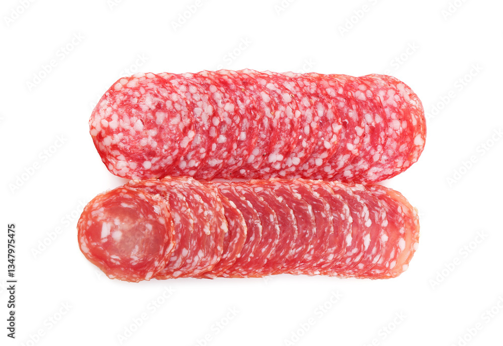 Fototapeta premium Slices of tasty smoked sausage on white background, top view
