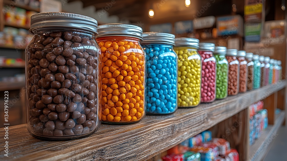 Colorful candy jars on rustic wooden shelf Colorful candy jars on rustic wooden shelf