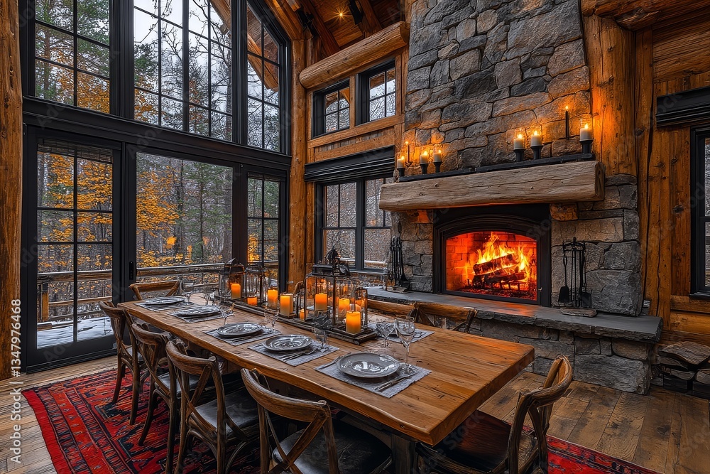 Rustic dining room in an old log cabin with wooden chairs, stone fireplace, and warm candle sconces on the wall, capturing cozy architecture. Rustic dining room in an old log cabin with wooden chairs, stone fireplace, and warm candle sconces on the wall, capturing cozy architecture.