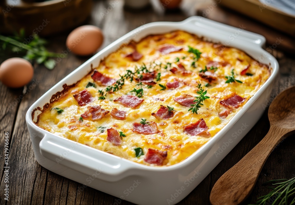 Delicious savory casserole with crispy bacon, melted cheese, and fresh herbs on rustic wooden table, perfect for brunch or family gatherings Delicious savory casserole with crispy bacon, melted cheese, and fresh herbs on rustic wooden table, perfect for brunch or family gatherings