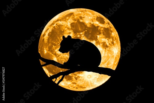 Bear Silhouette Against Bright Full Moon in Dark Night Sky