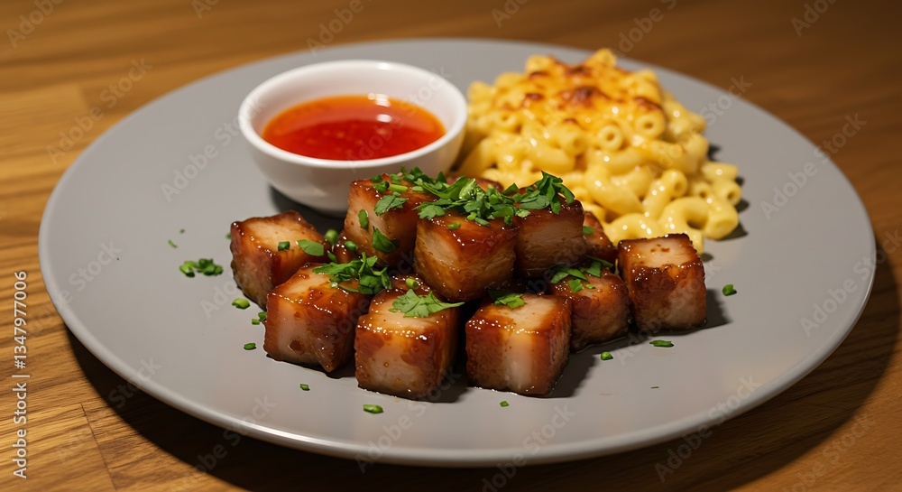 Glazed pork belly cubes with herbs and macaroni and cheese - Comfort food - Culinary advertising Glazed pork belly cubes with herbs and macaroni and cheese - Comfort food - Culinary advertising