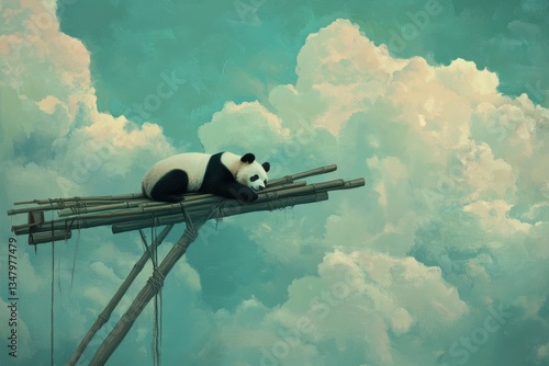 Peaceful Panda Resting on a Bamboo Structure Under Colorful Clouds