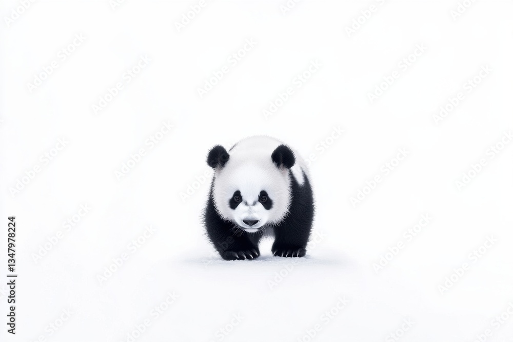 Obraz premium Adorable Baby Panda Walking on White Snowy Background