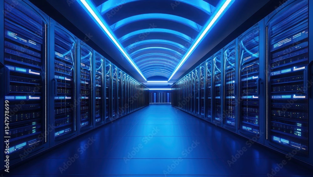 Futuristic Server Room: Blue Illuminated Data Center Corridor Futuristic Server Room: Blue Illuminated Data Center Corridor