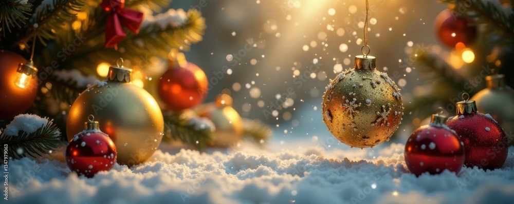 Snowflakes falling on gold ornaments suspended in air, amidst Christmas decorations , snowflakes, isolated, christmas Snowflakes falling on gold ornaments suspended in air, amidst Christmas decorations , snowflakes, isolated, christmas