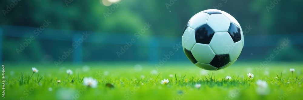 Naklejka premium Soccer ball flying through the air amidst a blurred blue filet background with green grass and white flowers , flowers, blue, ball
