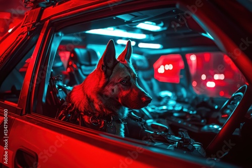 Alert Dog in a Car with Neon Lights and Dramatic Ambiance
