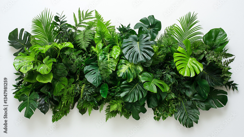 Fototapeta premium Luxurious tropical foliage arrangement with palm leaves, isolated on white background in realistic 3D rendering