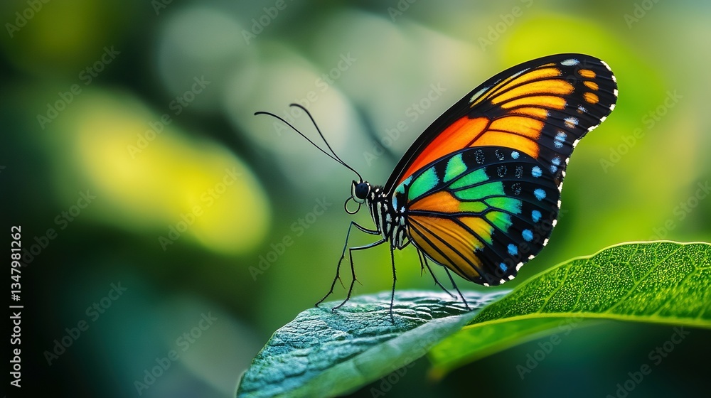 Fototapeta premium A Beautiful Butterfly With Colorful Wings Is Perched On Leaf