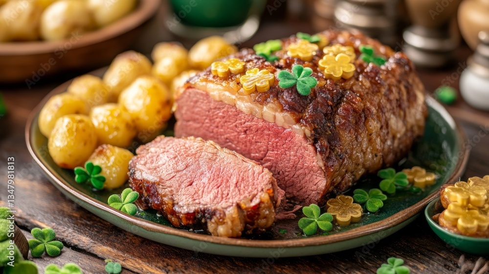 Roasted Beef Sliced with Potatoes and Shamrock Decorations Roasted Beef Sliced with Potatoes and Shamrock Decorations