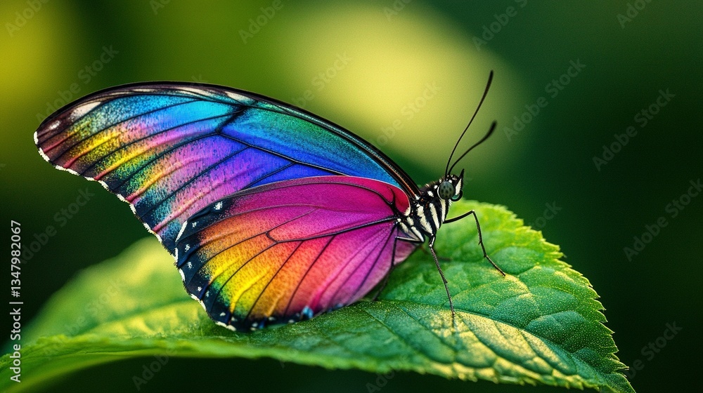 Obraz premium A beautiful butterfly with multicolored wings sits on a leaf