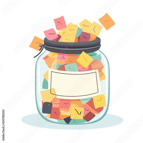Glass Jar Filled With Colorful Sticky Notes Isolated on White Background