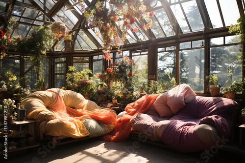 Create an ethereal and transcendent portrayal of a dwelling that harmoniously merges with its natural surroundings, its celestial roof radiating with life giving power of sun to sustain household