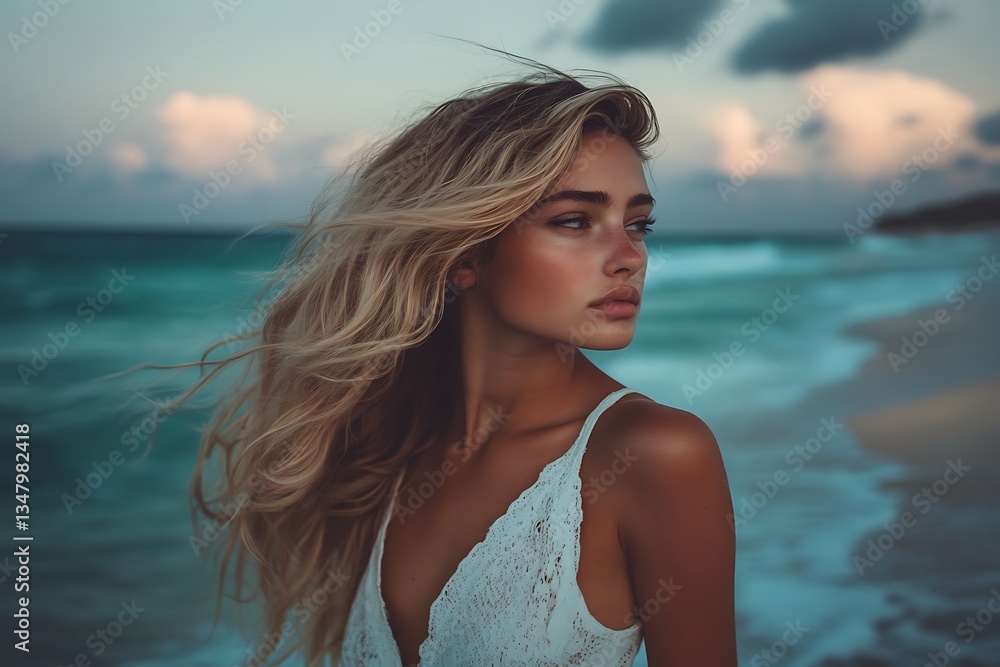 Woman on beach, serene, breeze, water, sky background Woman on beach, serene, breeze, water, sky background