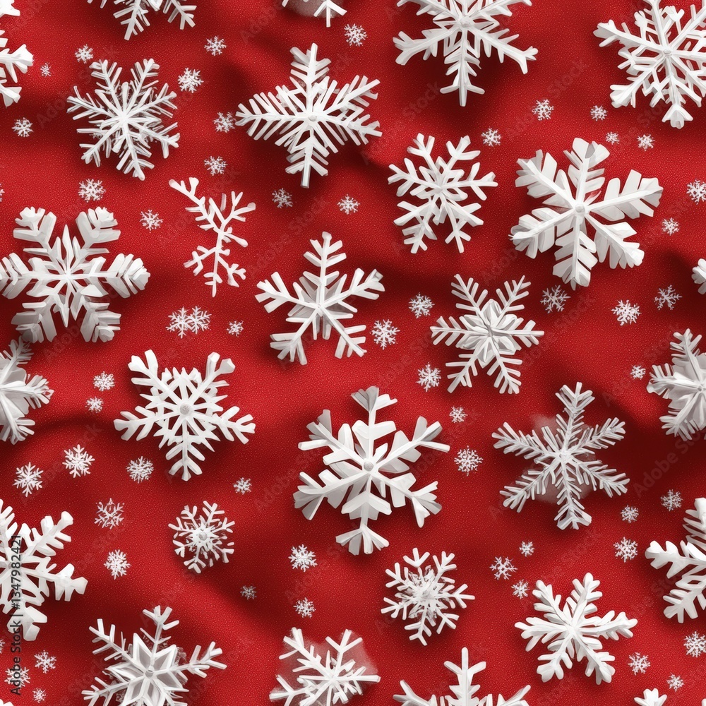 A beautiful repeating pattern of white snowflakes of various sizes on a vibrant textured red background ideal for winter holiday design purposes A beautiful repeating pattern of white snowflakes of various sizes on a vibrant textured red background ideal for winter holiday design purposes