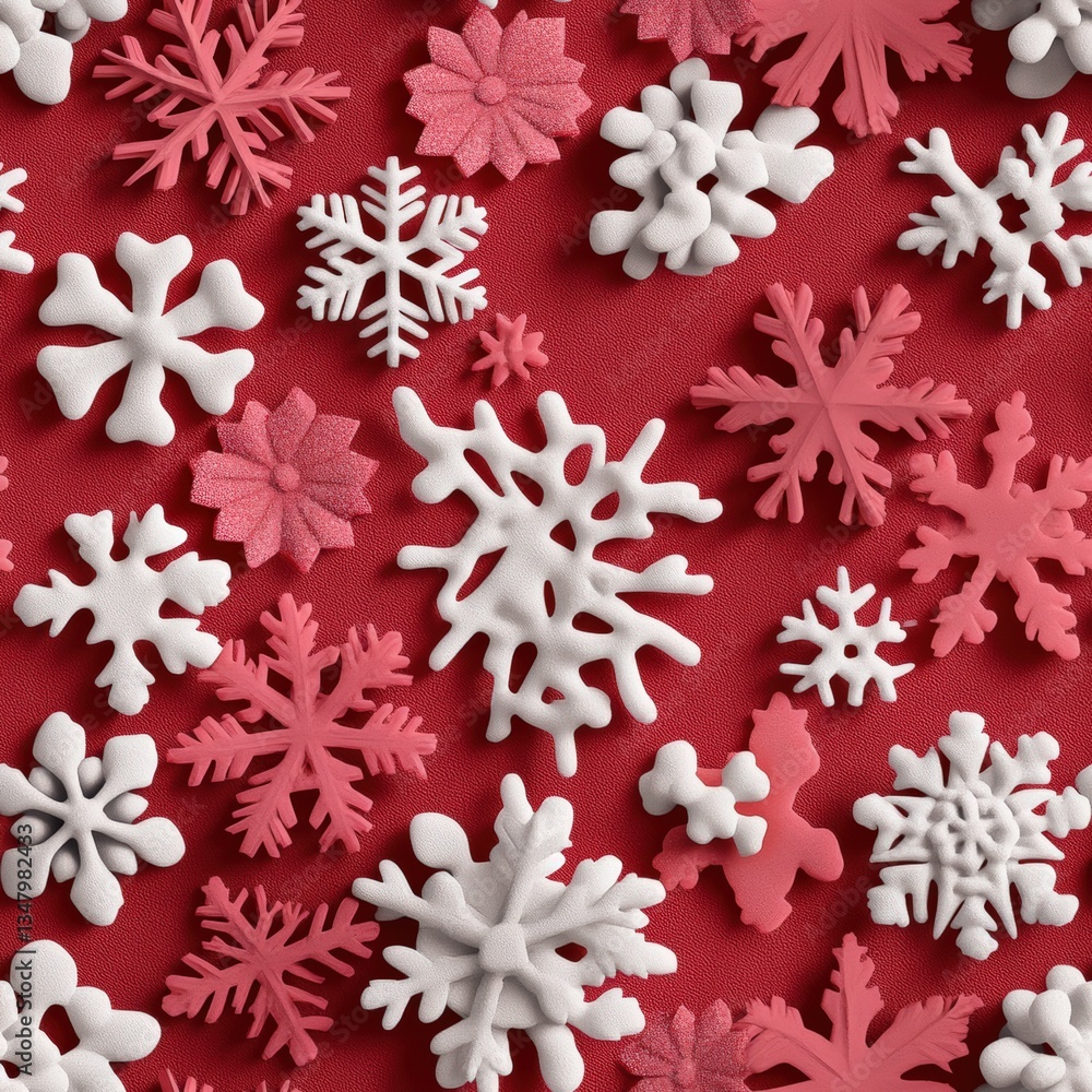 Vibrant red background filled with detailed snowflakes in white and pink shades creating a festive and visually appealing winter pattern design art piece Vibrant red background filled with detailed snowflakes in white and pink shades creating a festive and visually appealing winter pattern design art piece