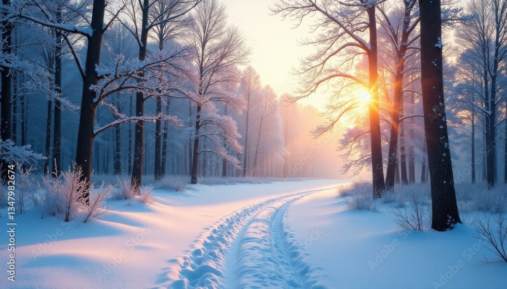 Naklejka premium Snowy forest landscape with bare trees and frosty air, forest, frost, frozen