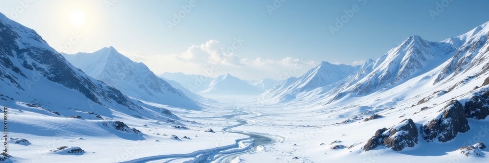 Obraz premium Snowy planetary landscape with frozen mountains and valleys, frozen landscape, winter