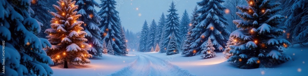 Obraz premium Snowy winter forest with Christmas trees and twinkling lights, festive, christmas