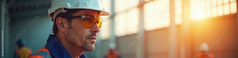 Technician wearing white safety hard hat with reflective visor under sunlight background , construction, technician, hardhat Technician wearing white safety hard hat with reflective visor under sunlight background , construction, technician, hardhat