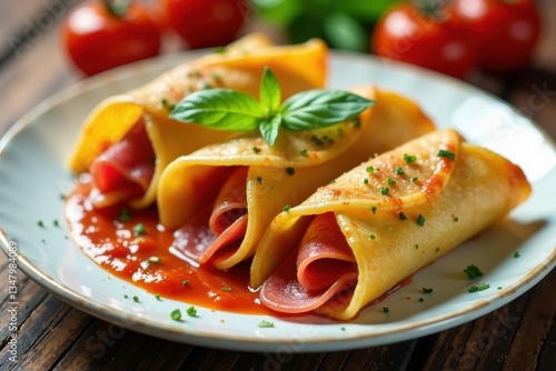 Thinly sliced salami and melted mozzarella wrapped in delicate pasta pockets, dinner, gratin, creamy sauce