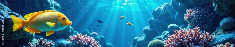 Fototapeta premium Tropical fish swimming in the blue striped aquarium, ocean, marine life, colorful fish