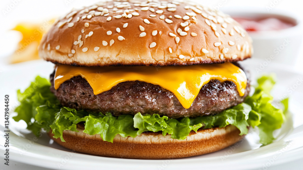 close up of delicious cheeseburger with lettuce and sesame seed bun on white plate close up of delicious cheeseburger with lettuce and sesame seed bun on white plate