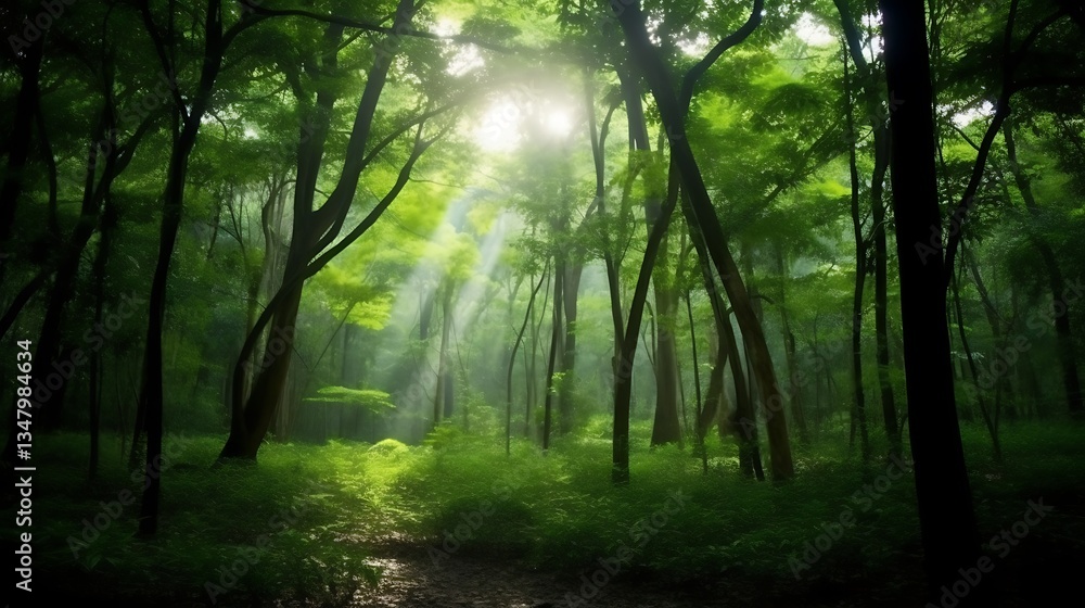 Obraz premium Sunbeams Illuminate Lush Green Forest Canopy