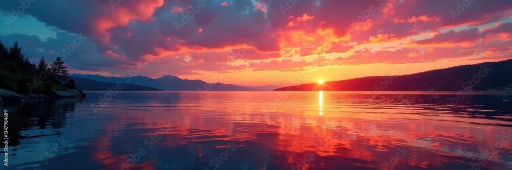 Fototapeta premium Vibrant colors splashing on a serene lake at sunset, splashing, water, sunset