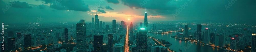 Obraz premium Soft teal glow illuminates a futuristic cityscape at dusk, ambient, sunset
