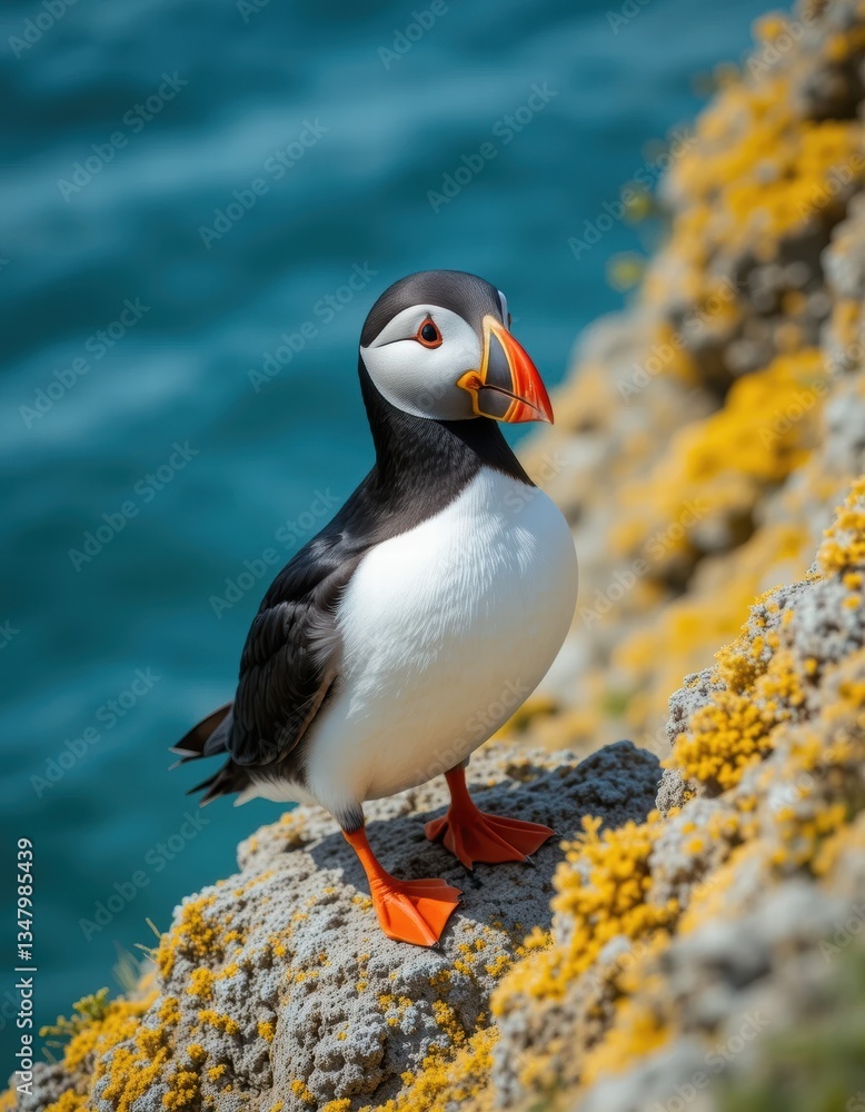 Fototapeta premium Atlantic puffin standing on a sea cliff in the wild
