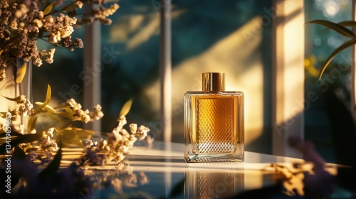 A bottle of cologne is displayed on a table next to a vase of flowers