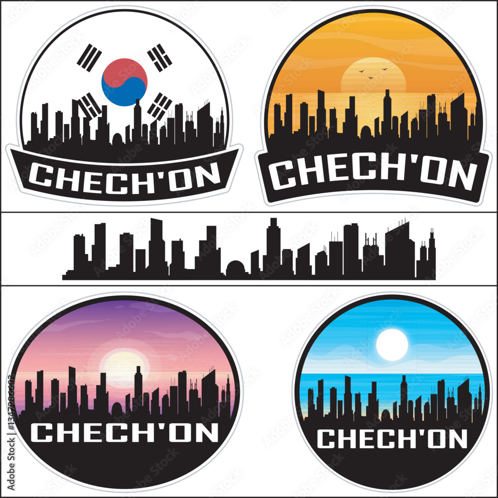 Fototapeta premium Chech'On South Korea Flag Skyline Cityscape Silhouette Travel Souvenir Sticker Isolated Vector