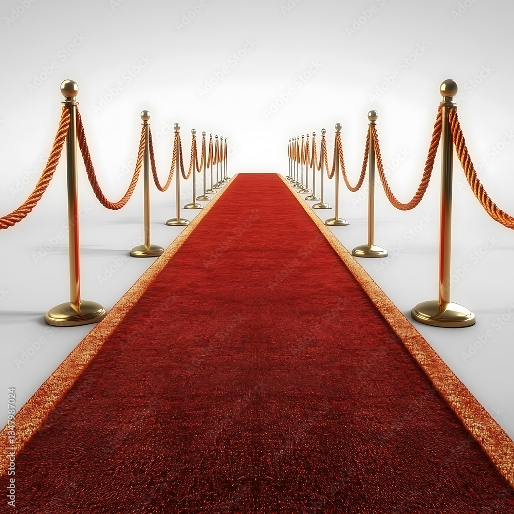 Obraz premium A Red Carpet Leads Between Gold Stanchions and Rope Barriers