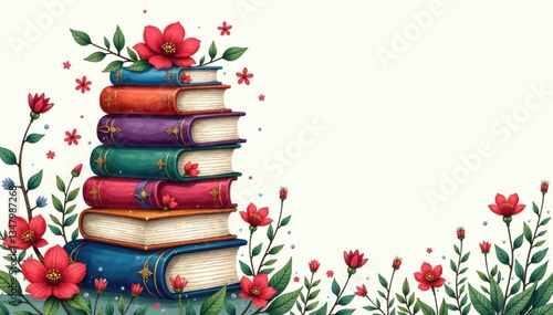 Whimsical hand-colored drawing of a tower of books with flowers and vines , flower, illustration, hand colored