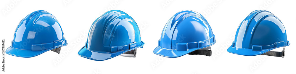 Fototapeta premium Four Views of Shiny Blue Safety Helmet for Construction Workers Isolated on transparent Background