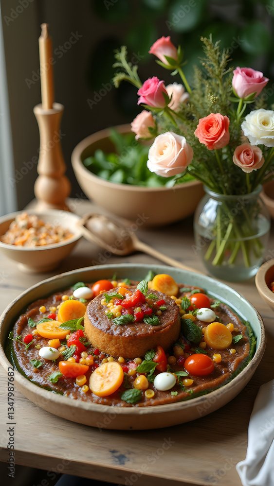 A sustainable zero-waste food table with creative leftover dishes. Biodegradable plates and fresh flowers create an eco-friendly and elegant dining experience. A sustainable zero-waste food table with creative leftover dishes. Biodegradable plates and fresh flowers create an eco-friendly and elegant dining experience.