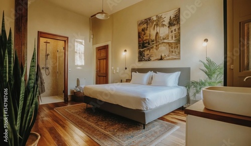 Wallpaper Mural A Bright Bedroom Interior With Bed Shower And Furniture Torontodigital.ca