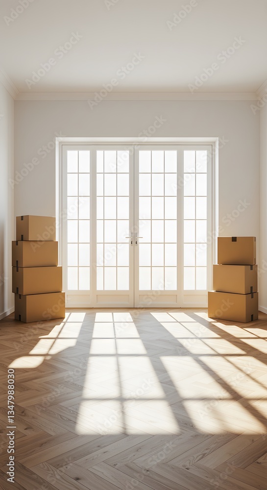 Obraz premium Moving cardboard boxes are waiting to be unpacked in a new, cardboard, architecture, empty apartment