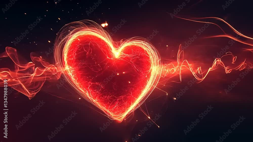 Glowing red heart symbolizing love and passion, surrounded by dynamic light waves in a dark background