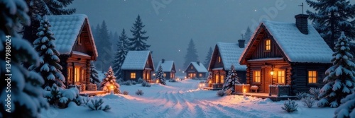 Wallpaper Mural Winter village scene with wooden houses and candles, cozy cabin, snowflakes, candlelight Torontodigital.ca