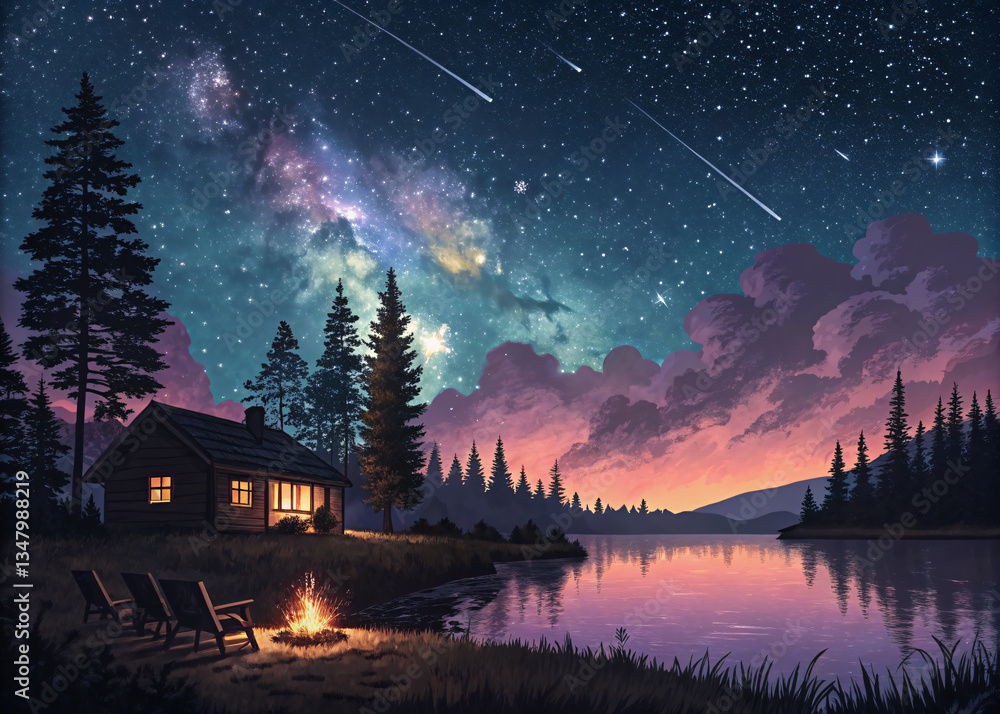 Cozy Cabin Under Starry Night Sky with Milky Way and Shooting Stars Cozy Cabin Under Starry Night Sky with Milky Way and Shooting Stars