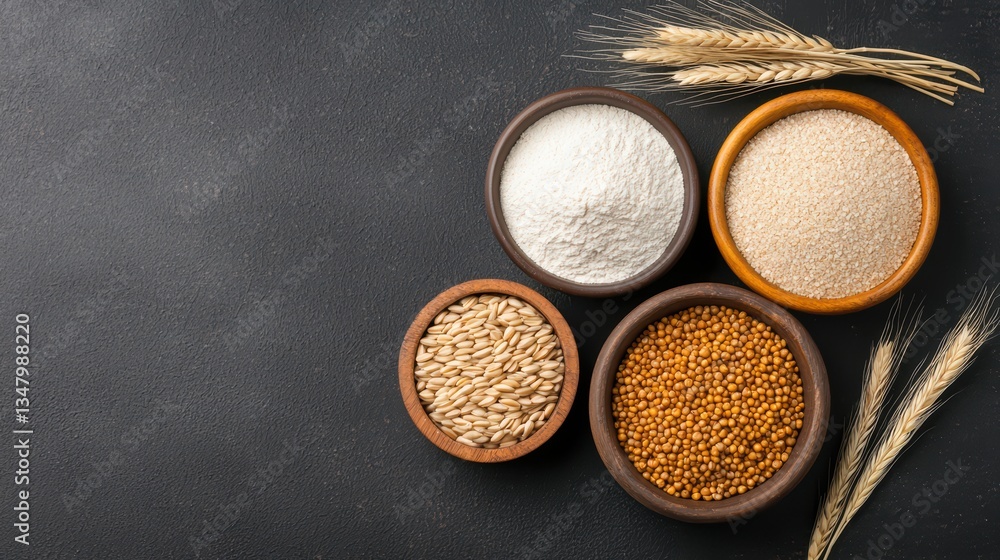 Assorted grains and flours in wooden bowls on dark background Assorted grains and flours in wooden bowls on dark background
