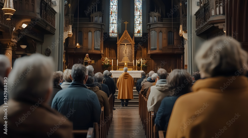 A congregation attends a Catholic mass in a historic church. The priest is at the altar, and the attendees are seated in pews, facing the altar. The scene is peaceful and reverent. A congregation attends a Catholic mass in a historic church. The priest is at the altar, and the attendees are seated in pews, facing the altar. The scene is peaceful and reverent.