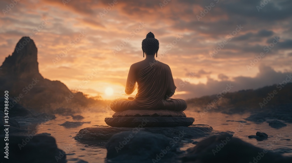 Buddha Statue Meditating at Sunset Over Calm Lake Surrounded by Mist and Scenic Landscape Buddha Statue Meditating at Sunset Over Calm Lake Surrounded by Mist and Scenic Landscape