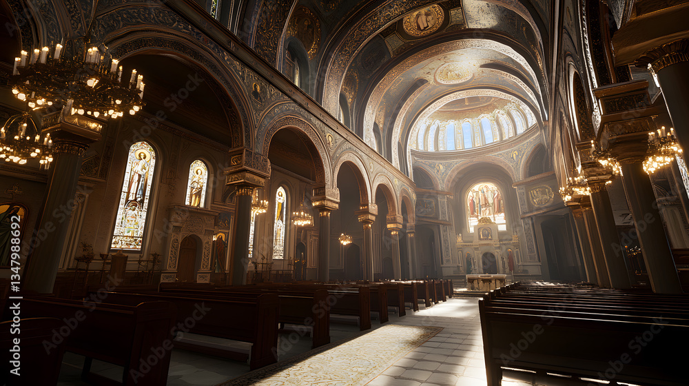 Fototapeta premium Sunbeams illuminate a majestic cathedral interior. Ornate details, stained glass windows, and rows of pews create a serene atmosphere. The high vaulted ceiling adds grandeur to the scene.